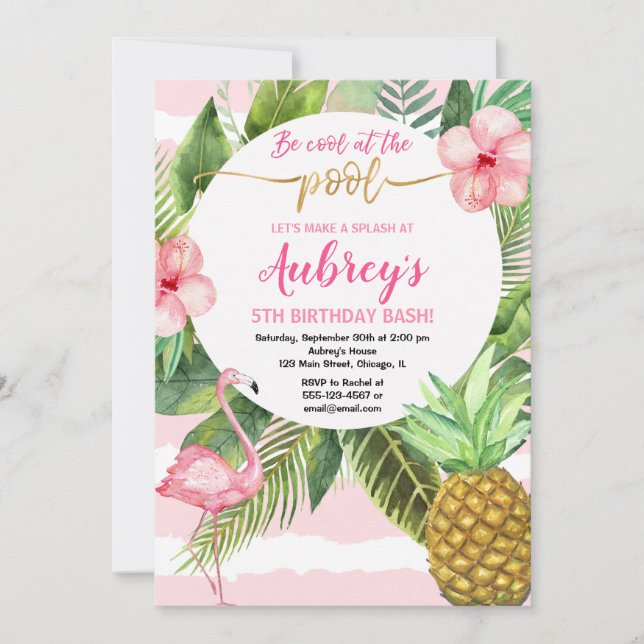 Pool party birthday, tropical pink and gold girl invitation (Front)