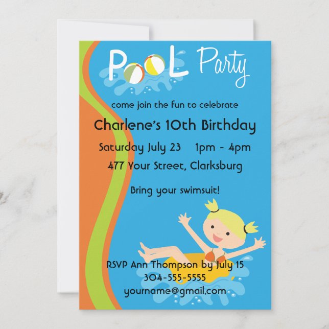 Pool Party Blonde Invitation (Front)