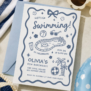 Pool Party Blue Retro Minimalist Birthday  Invitation