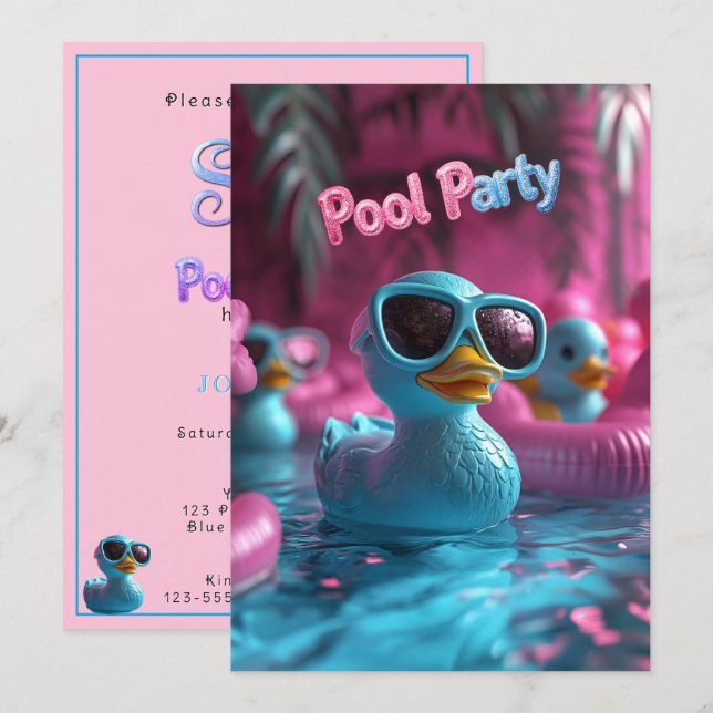Pool Party Blue Rubber Duck Pink Blue   Invitation (Front/Back)