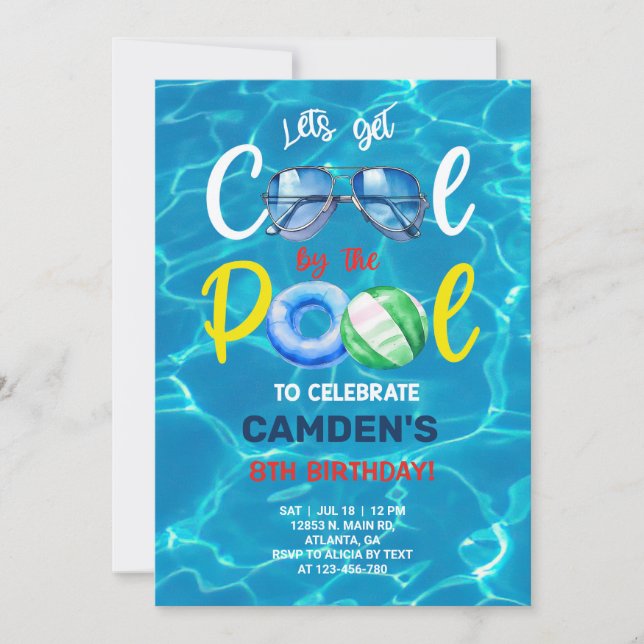 Pool party boy birthday invitation, sunglasses. invitation (Front)