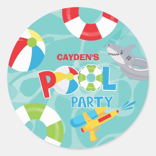 Pool Party Boy Birthday Shark Float Classic Round Sticker (Front)