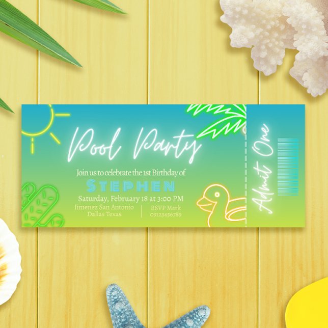 Pool Party Boy Birthday Ticket Invitation (Pool Party Boy Birthday Ticket Invitation)