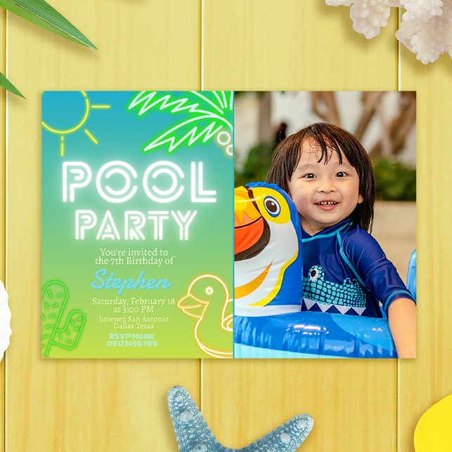 Pool Party Boy Birthday with Photo Invitation (Pool Party Boy Birthday with Photo Picture Landscape Invitation)