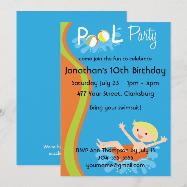 Pool Party Boy Blonde Invitation (Front/Back)