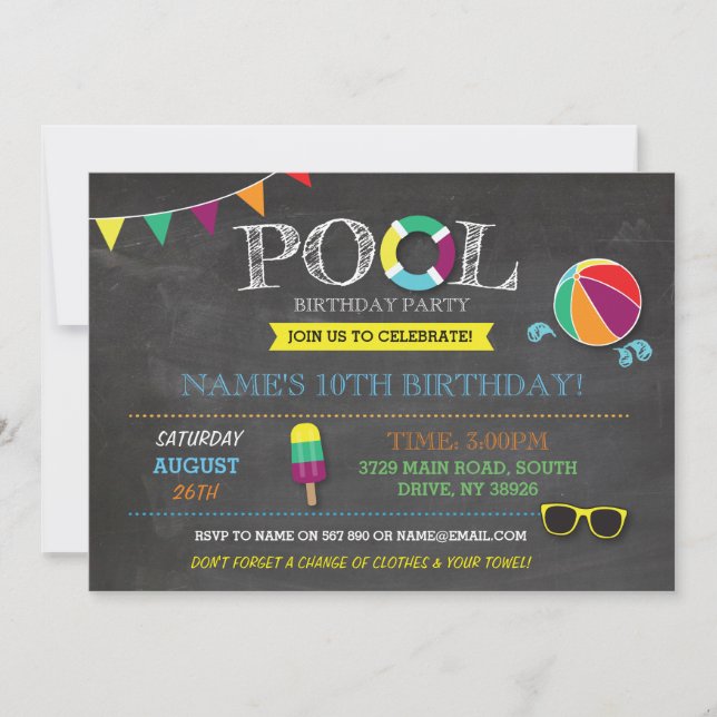 Pool Party Boys or Girls Birthday Beach Sun Invite (Front)