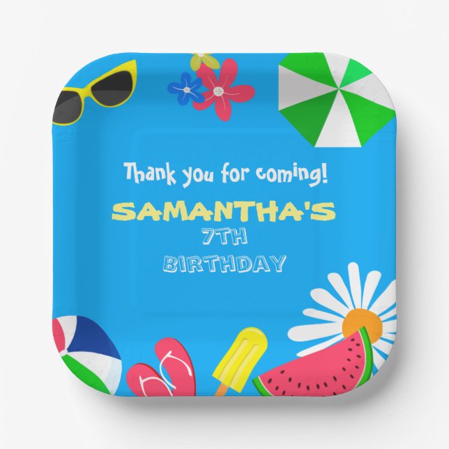 Pool Party Bright Blue Colour Summer Birthday Fun Paper Plate (Front)