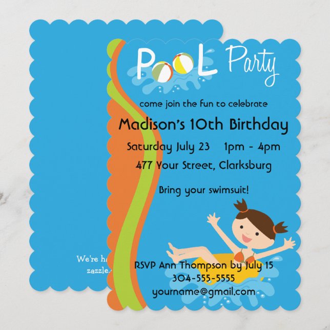 Pool Party Brunette Invitation (Front/Back)