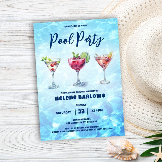 Pool Party Cocktail Summer Birthday  Invitation (Pool Party Cocktail Summer Birthday Invitation)
