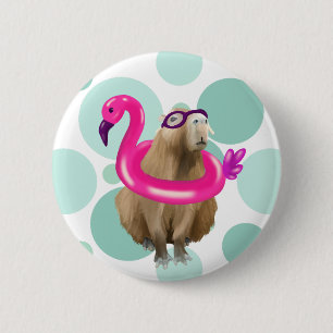 Pool Party Cute Capybara With Pink Flamingo Float 6 Cm Round Badge