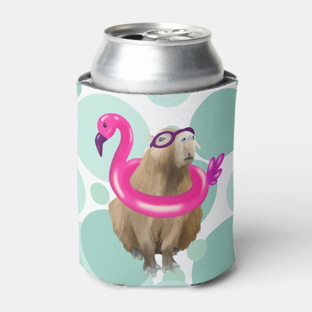 Pool Party Cute Capybara With Pink Flamingo Float Can Cooler (Can Front)