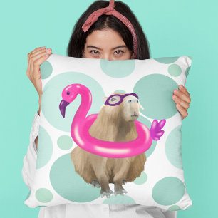 Pool Party Cute Capybara With Pink Flamingo Float Cushion