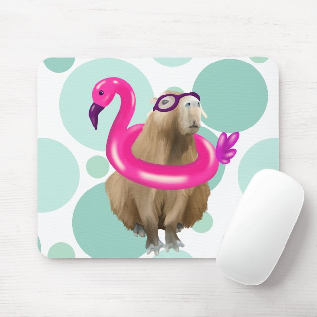 Pool Party Cute Capybara With Pink Flamingo Float Mouse Pad (With Mouse)