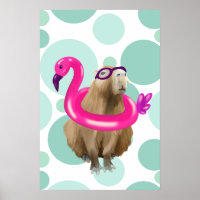 Pool Party Cute Capybara With Pink Flamingo Float