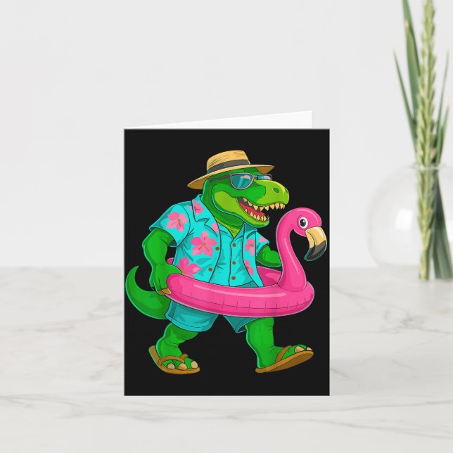 Pool Party Dinosaur Pink Flamingo Float Funny T Card (Front)