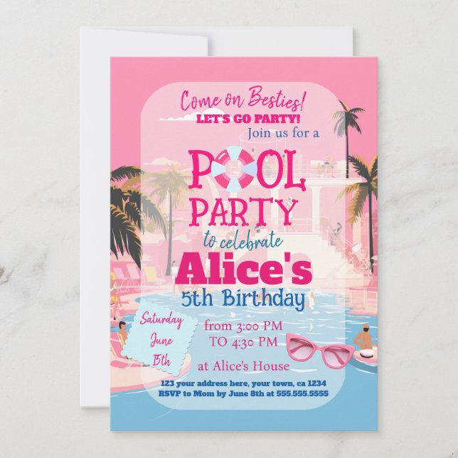 Pool Party Doll Malibu Beach Birthday Invitation (Front)