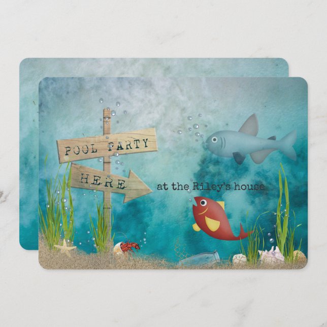 Pool Party-fish in ocean with wooden sign Invitation (Front/Back)