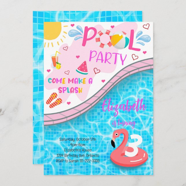 Pool Party Flamingo Birthday Invitation (Front/Back)