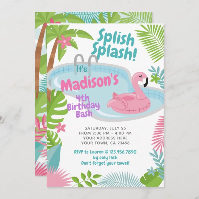 Pool Party Flamingo Birthday Invitation (Front/Back)
