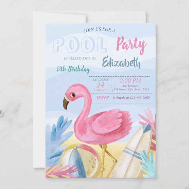 Pool Party Flamingos Birthday Party Invitation (Front)