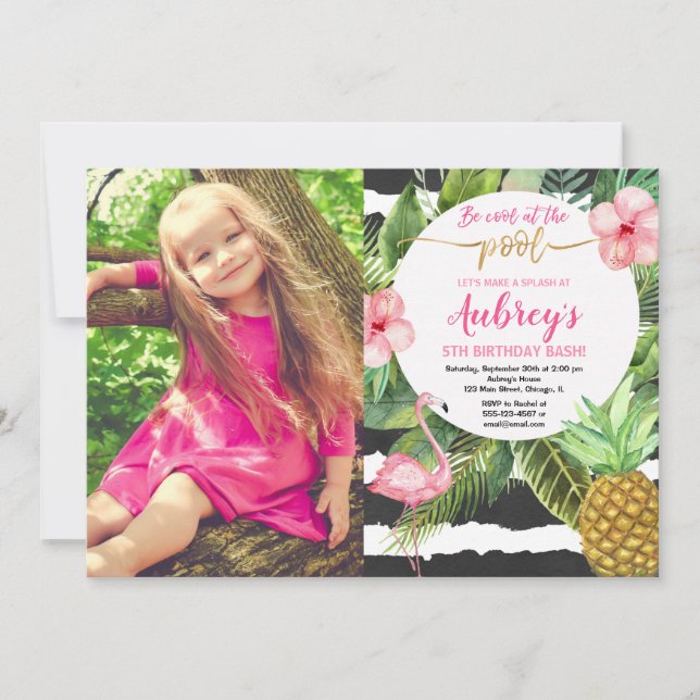 Pool party girl birthday, flamingo tropical photo invitation (Front)