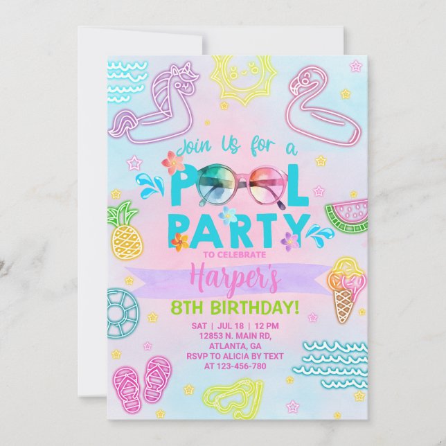Pool party girl birthday invitation, pool bash. invitation (Front)
