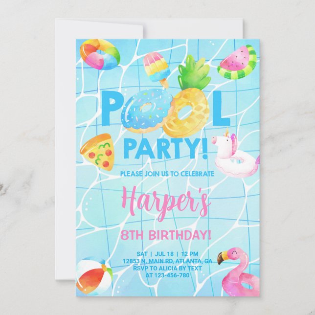 Pool party girl birthday invitation, pool bash. invitation (Front)