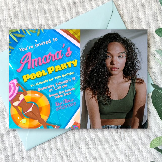 Pool Party - Girl with Photo Invitation (Pool Party Landscape Invitation with Photo)