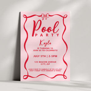 Pool Party Girly Red Bow Coquette Pink Wavy Invitation