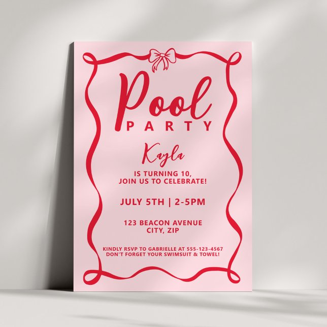 Pool Party Girly Red Bow Coquette Pink Wavy Invitation (Creator Uploaded)