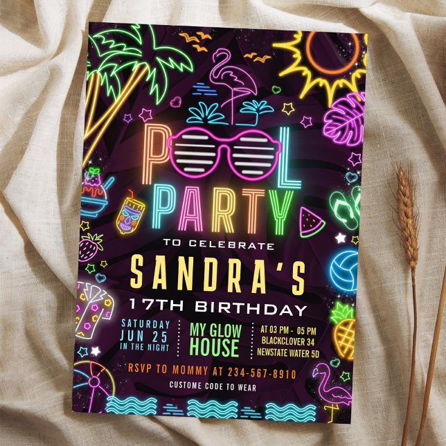 Pool Party Glow 17th Birthday Editable Invitation (Pool Party Birthday Invitation)