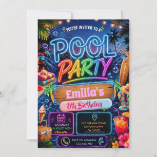 Pool Party Glow-in-the-Dark Neon Swim Birthday Invitation