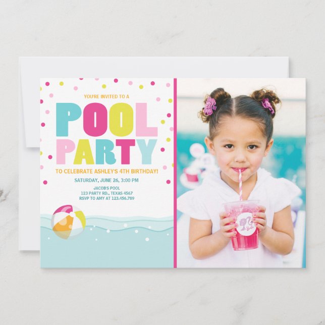 Pool party invitation Birthday Girl Pink Yellow (Front)