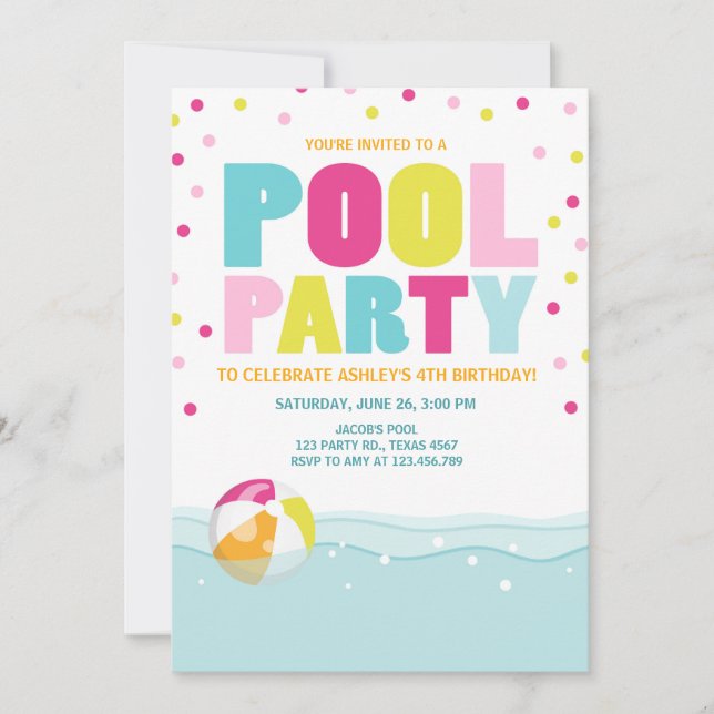 Pool party invitation Birthday Girl Pink Yellow (Front)