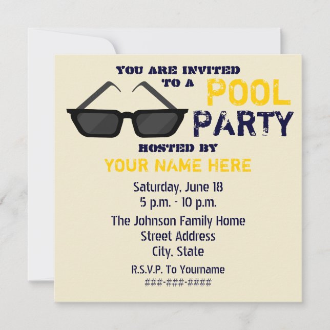 Pool Party Invitation - Black Sunglasses (Front)