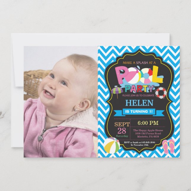 Pool Party Invitation Blue Splish Splash Girl (Front)