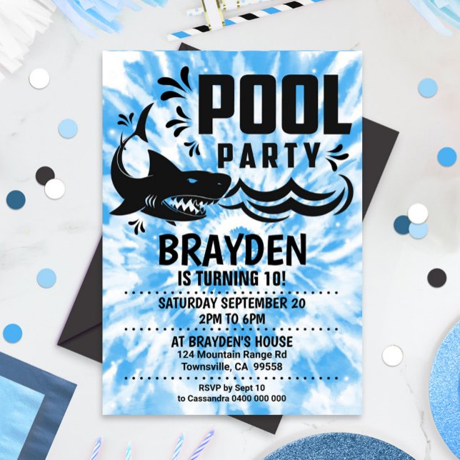 Pool Party Invitation Boy Tie Dye Pool Party Shark (Creator Uploaded)