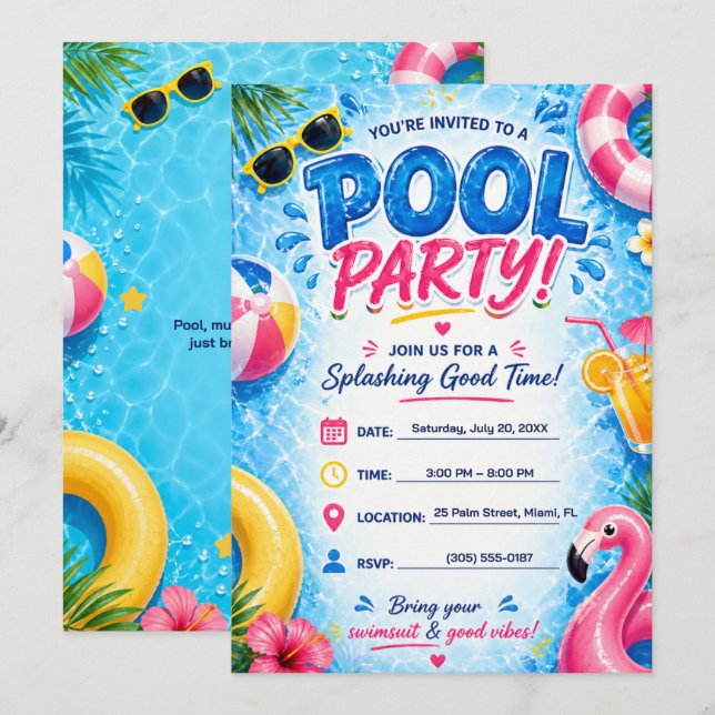Pool Party Invitation Bright Summer Editable (Front/Back)