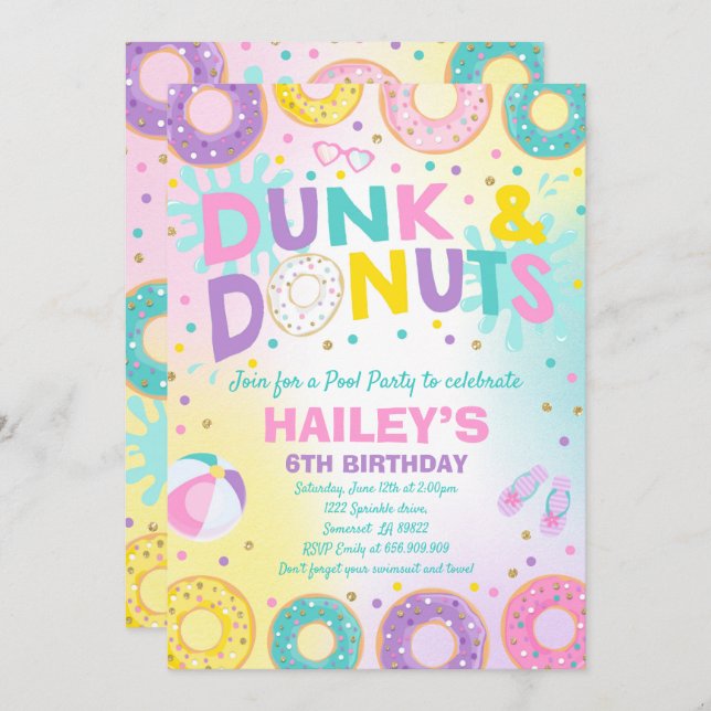 Pool Party Invitation Dunk And Doughnuts Pool Part (Front/Back)