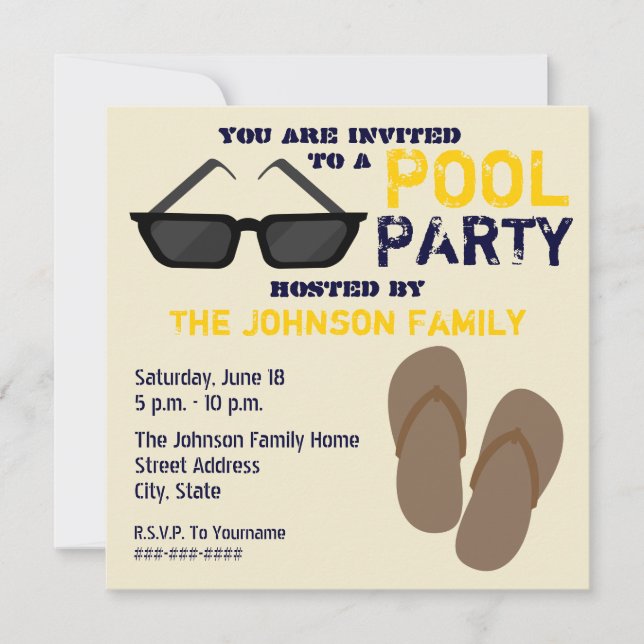 Pool Party Invitation Flip Flops & Sunglasses (Front)