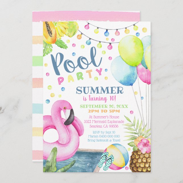 Pool Party Invitation Girl Flamingo Watercolor (Front/Back)