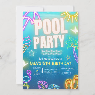 Pool Party invitation, Glow neon Tropical Birthday Invitation