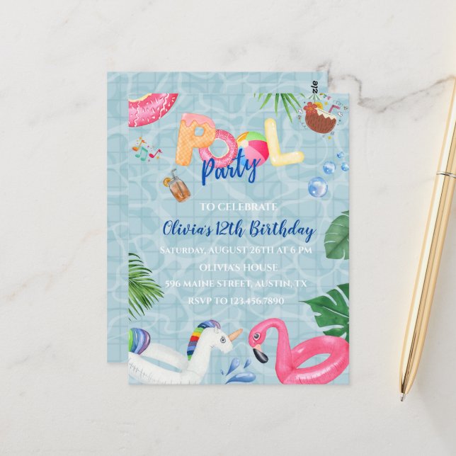 Pool Party Invitation Postcard (Front/Back In Situ)