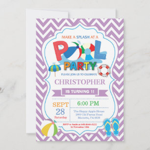 Pool Party Invitation Purple Splish Splash Boy