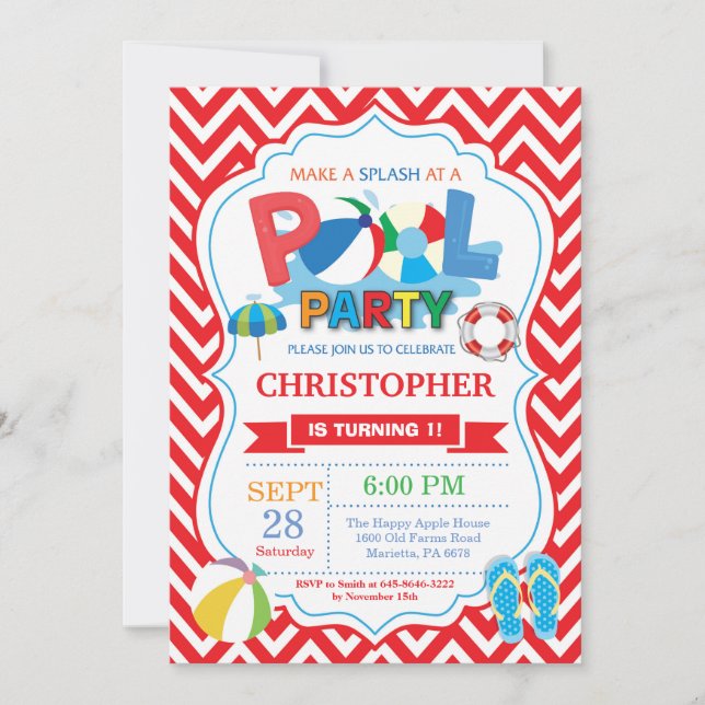 Pool Party Invitation Red Splish Splash Boy (Front)