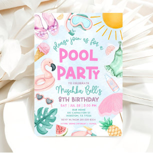 Pool Party Invitation, Summer Girl Birthday Party Invitation