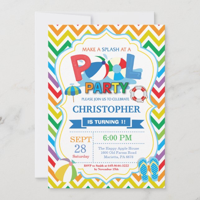 Pool Party Invitation Summer Splish Splash Boy (Front)