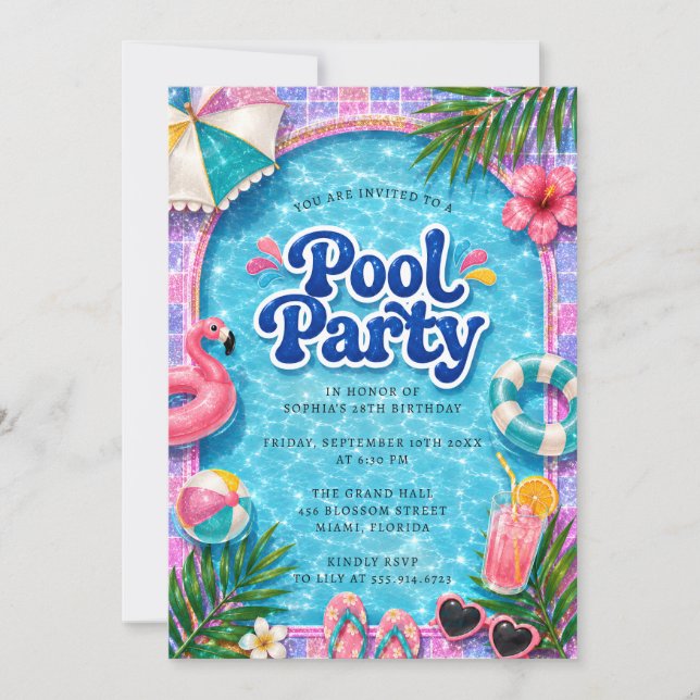 Pool Party Invite Summer Flamingo Beach Birthday (Front)