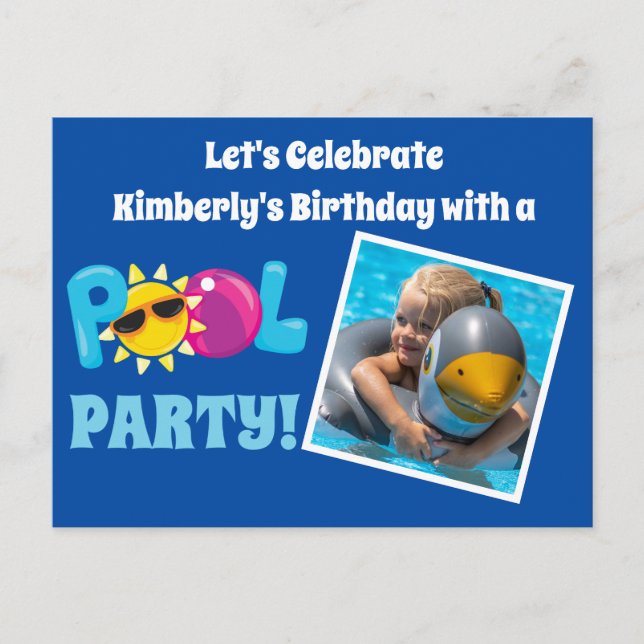 Pool Party Kids Photo Template Blue Birthday Party Postcard (Front)