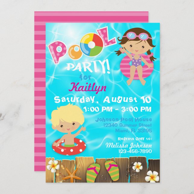 Pool Party Kids Swimming Birthday Invitation (Front/Back)